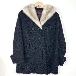 Vintage Black Persian Curly Lamb Mink Fur Coat Size M Retro Eveningwear 50s